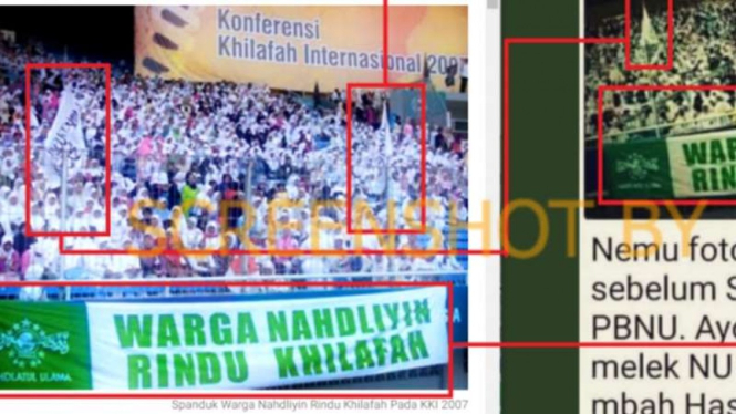 Tangkapan layar (screen shot) unggahan di Twitter yang memuat foto spanduk bertulisan 'Warga Nahdliyah Rindu Khilafah'.