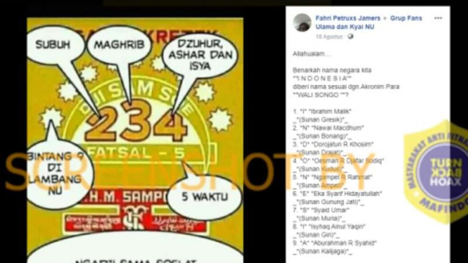 Tangkapan layar (screen shot) sebuah akun Facebook yang mengunggah narasi tentang nama Indonesia yang dia klaim berasal dari inisial nama-nama Wali Songo.