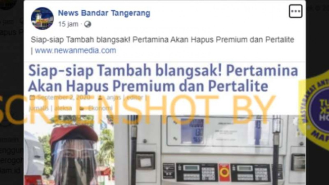 Tangkapan layar (screen shot) akun Facebook yang mengunggah foto dengan keterangan bahwa Pertamina akan menghentikan penjualan bahan bakar minyak jenis Premium dan Pertalite.