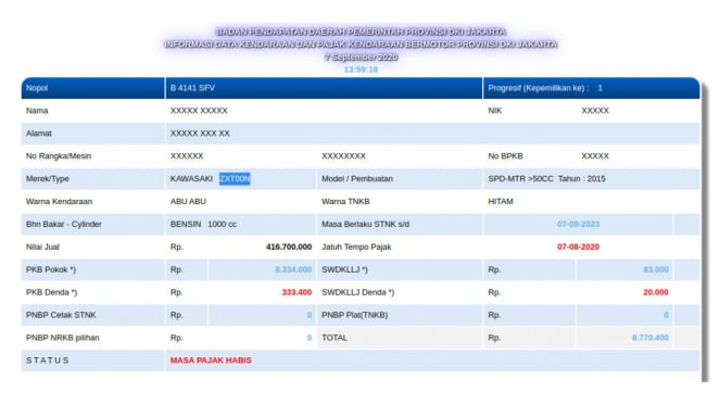 Tangkapan layar status pajak kendaraan motor Kawasaki Ninja H2
