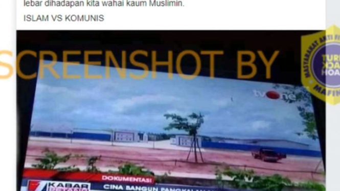Tangkapan layar (screen shot) akun Facebook yang mengunggah foto tayangan berita tvOne tentang isu bahwa China akan membangun pangkalan militer di Indonesia.