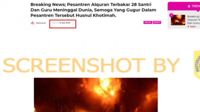 Tangkapan layar (screen shot) sebuah media daring dengan klaim laporan berita kebakaran di sebuah pesantren Alquran.