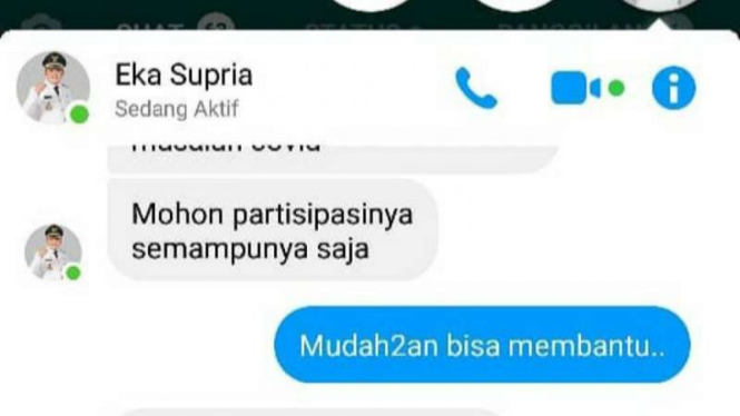 Tangkapan layar pesan WhatsApp mencatut nama Bupati Bekasi