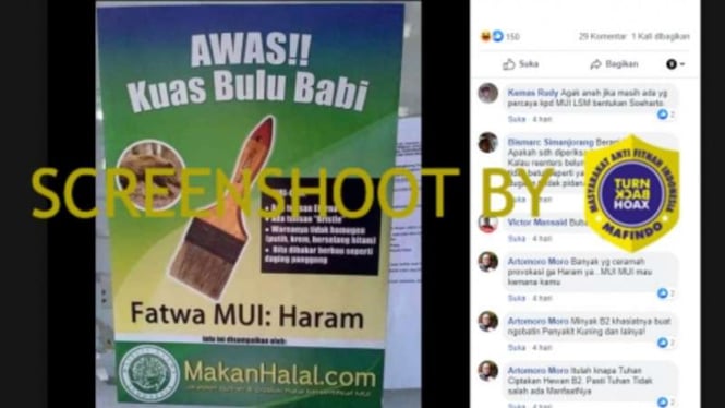 Tangkapan layar (screen shot) akun Facebook yang mengunggah gambar poster dengan klaim MUI menerbitkan fatwa haram untuk satu jenis kuas karena dibuat dari bulu babi.