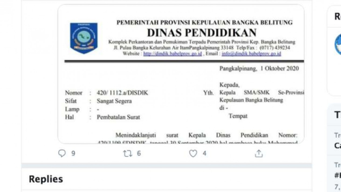 Tangkapan layar (screen shot) akun Kantor Bahasa Provinsi Kepulauan Bangka Belitung yang memuat surat pembatalan satu kebijakan Dinas Pendidikan setempat.