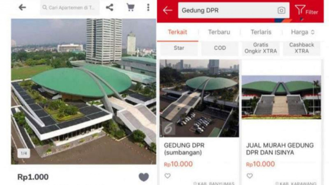 E-commerce Tokopedia (kiri) dan Shopee (kanan) tampak menawarkan Gedung DPR.