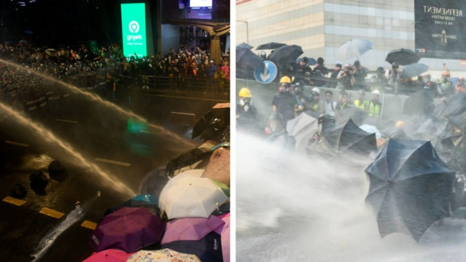 Demonstran melindungi diri dari gas air mata Bangkok (kiri) and Hong Kong (kanan).-Getty Images/Collage

