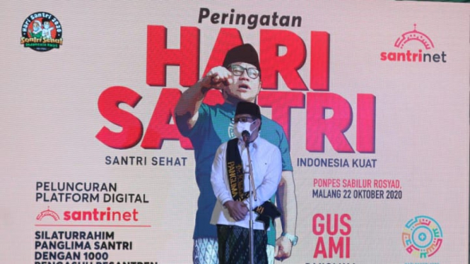 Wakil Ketua DPR sekaligus Ketua Umum PKB Muhaimin Iskandar saat peluncuran platform pembelajaran digital Santrinet di Malang, Jawa Timur, Jumat, 23 Oktober 2020.