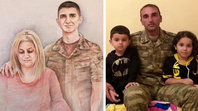 Sargis Hakopyan menggambar potret dirinya dan almarhum ibunya; Fariz Gasanov bersama anak-anaknya di sebelah kanan.-BBC

