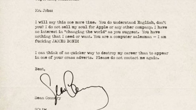 Surat Sean Connery ke Steve Jobs yang disebut palsu