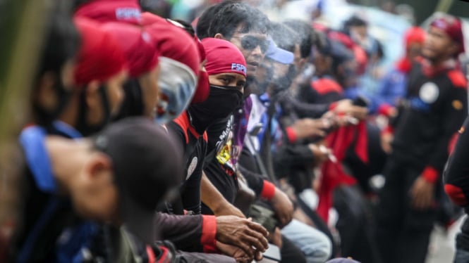 Demo buruh di Kawasan Patung Kuda Jakarta (Foto ilustrasi)