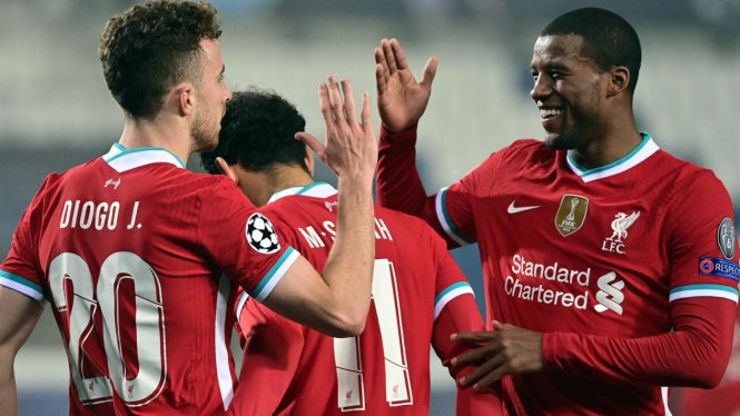 Pemain Liverpool merayakan gol ke gawang Atalanta