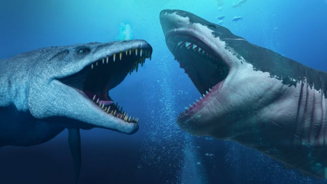 Ilustrasi Megalodon vs Mosasaurus