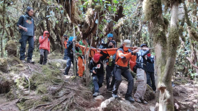 Tim Basarnas Makassar mengevakuasi pendaki yang terkena hipotermia di Gunung Bawakaraeng, Kabupaten Gowa, Sulsel, Senin, 9 November 2020.