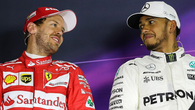 Pembalap F1, Sebastian Vettel dan Lewis Hamilton.