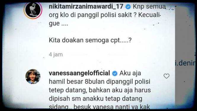 Vanessa Angel curhat di kolom komentar Instagram Nikita Mirzani