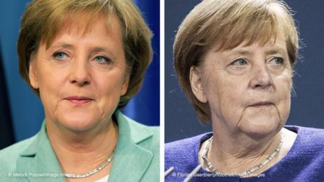 Kanselir Jerman Angela Merkel tahun 2005 (kirin) dan 2020 (kanan)