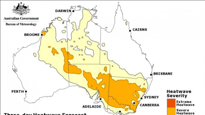 Kondisi gelombang panas akan terjadi mulai hari Jumat hingga Minggu pekan ini di hampir seluruh wilayah Australia kecuali Tasmania.