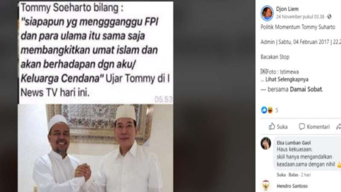 Hoax Tommy menyebut kalau ganggu FPI akan berhadapan dengan keluarga Cendana