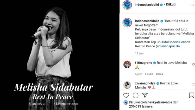 Ungkapan duka Indonesian Idol atas berpulangnya Melisha Sidabutar