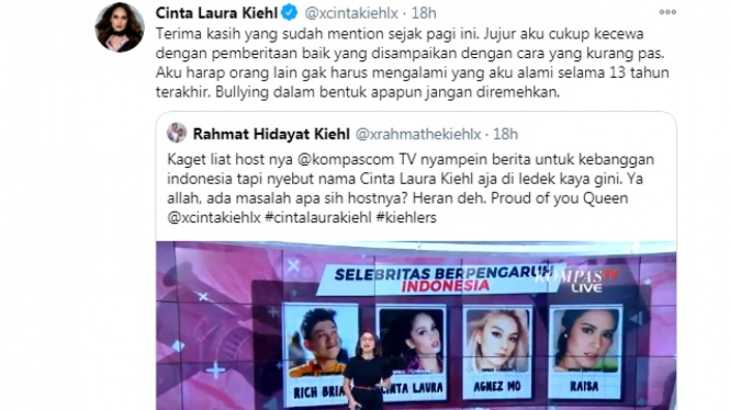 Tweet Cinta Laura tanggapi netizen soal gaya presenter tv yang kurang pas