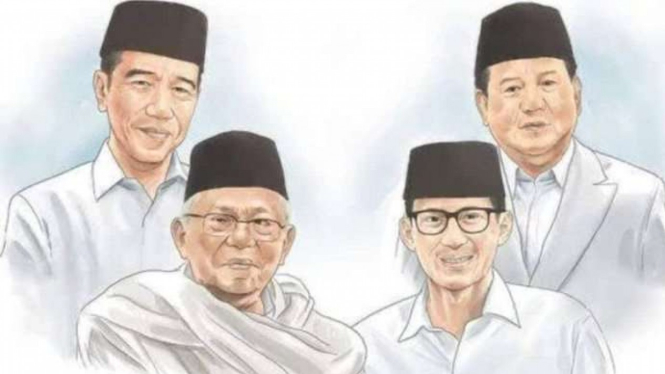 Karikatur yang memuat gambar Jokowi, Maruf Amin, Prabowo, dan Sandiaga Uno.