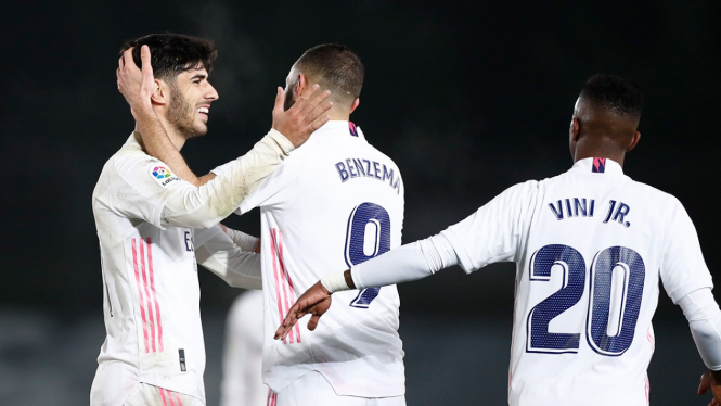 Pemain Real Madrid: Marco Asensio, Karim Benzema dan Vinicius Jr rayakan gol