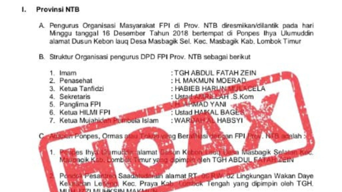 Sebuah foto dokumen berisi pengurus FPI, tokoh afiliasi, simpatisan dan pihak atau organisasi kontra FPI di Nusa Tenggara Barat beredar luas di media sosial.