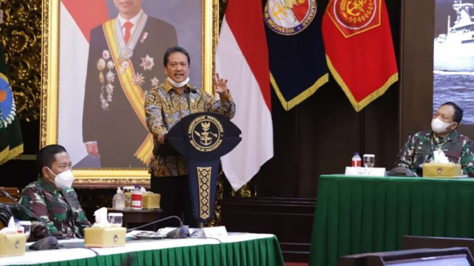 Menteri Kelautan dan Perikanan Sakti Wahyu Trenggono saat hadir menjadi narasumber dalam Rapat Pimpinan Kementerian Pertahanan di Jakarta, Rabu, 13 Januari 2021.
