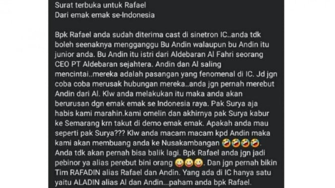 Surat terbuka penonton Ikatan Cinta kepada tokoh Rafael