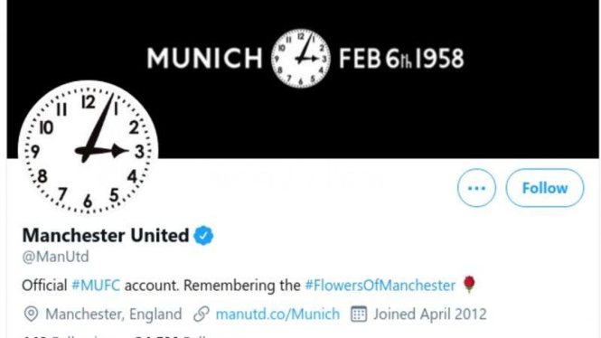 Media sosial Manchester United mengenang tragedi kecelakaan Munich.