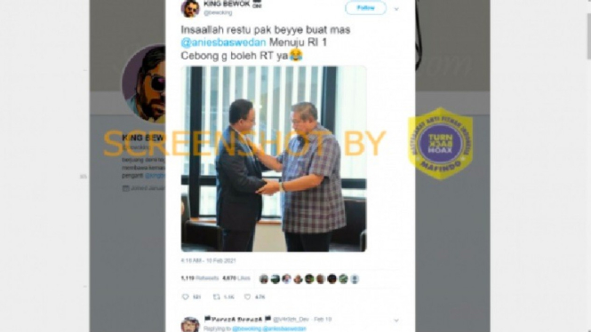 Foto dengan narasi hoax SBY restui Anies jadi Presiden
