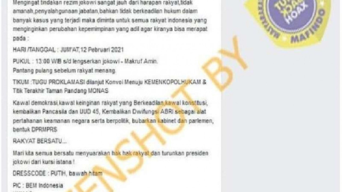 Undangan BEM SI mau lengserkan Jokowi-Maruf yang hoax