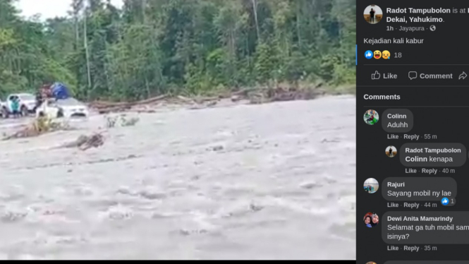 Mobil pikap kabin ganda mengarungi sungai di Papua