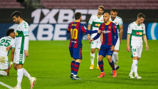 Selebrasi Lionel Messi saat Barcelona melawan Elche