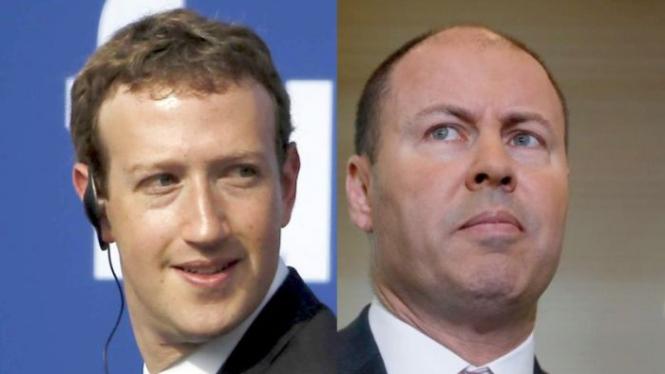 Siapa yang lebih dulu goyah? Pendiri Facebook Mark Zuckeberg dan Menteri Keuangan Australia Josh Frydenberg.