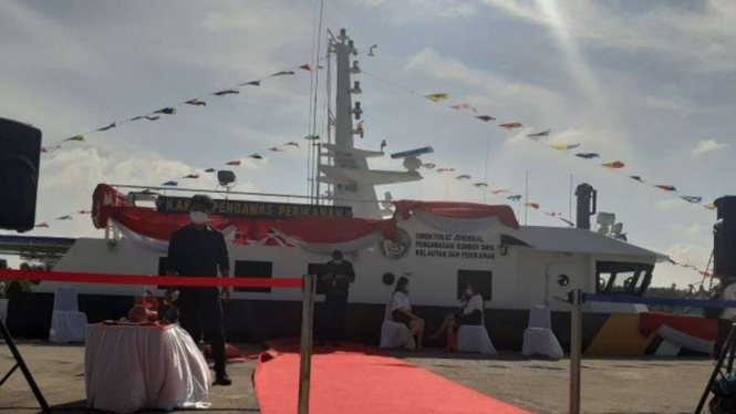 Kapal pengawas Hiu 16 yang diresmikan Menteri Kelautan dan Perikanan Sakti Wahyu Trenggono di Batam, Kepulauan Riau, Selasa, 9 Maret 2021.
