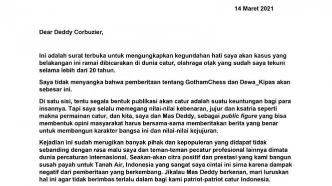 Surat terbuka untuk Deddy Corbuzier dari pecatur Indonesia, Irene Sukandar