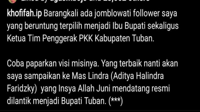 Tangkapan layar postingan instagram Gubernur Jawa Timur Khofifah Indar Parawansa