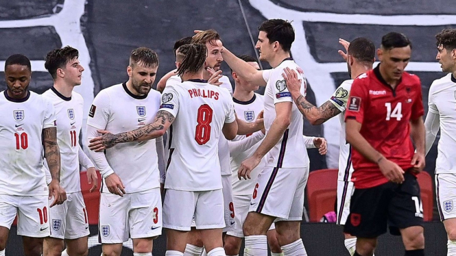 Pemain Timnas Inggris rayakan gol ke gawang Albania