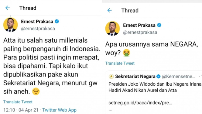 Tweet Ernest Prakasa soal pernikahan Atta-Aurel di Twitter Sekretariat Negara