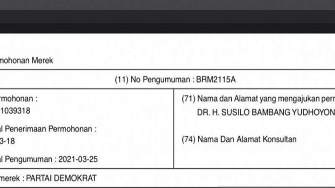 Dokumen permohonan pendaftaran Partai Demokrat sebagai nama merek