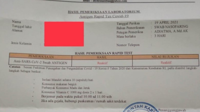 Surat hasil rapid test Antigen COVID-19.