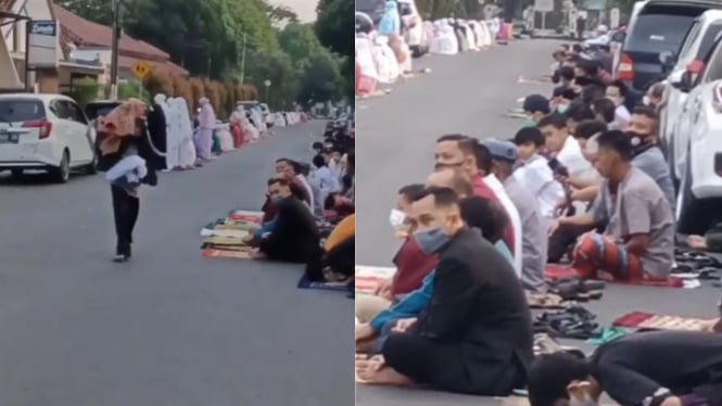 Viral salat Idul Fitri saf Pria di belakang saf perempuan (Foto/makassar_iinfo)