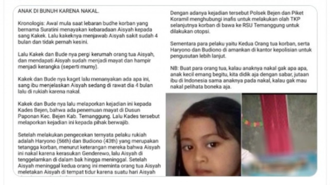 Tangkapan layar Twitter soal Aisyah, anak yang dibunuh karena nakal.