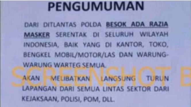 Pengumuman razia masker seluruh Indonesia.