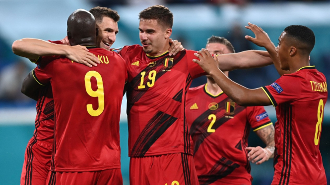 Pemain Timnas Belgia merayakan gol Romelu Lukaku