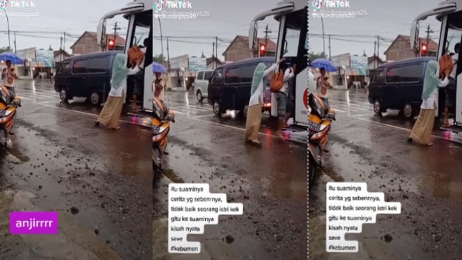 Viral video suami didorong istri naik bus (TikTok/cikosanjaya26)