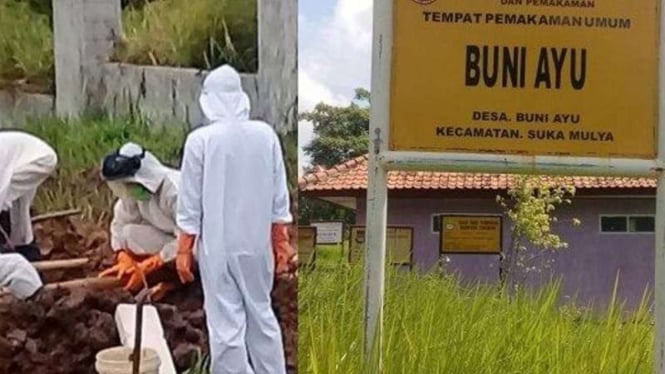 Sejumlah petugas pemakaman dengan pakaian dekontaminasi alias hazmat menguburkan jenazah pasien COVID-19 di Tempat Permakaman Umum Buni Ayu, Sukamulya, Kabupatan Tangerang, Banten, Rabu, 23 Juni 2021.