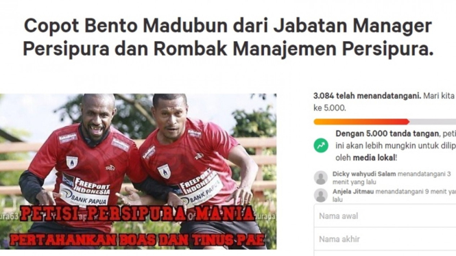 Petisi Persipura Mania untuk mencopot jabatan manajer tim
